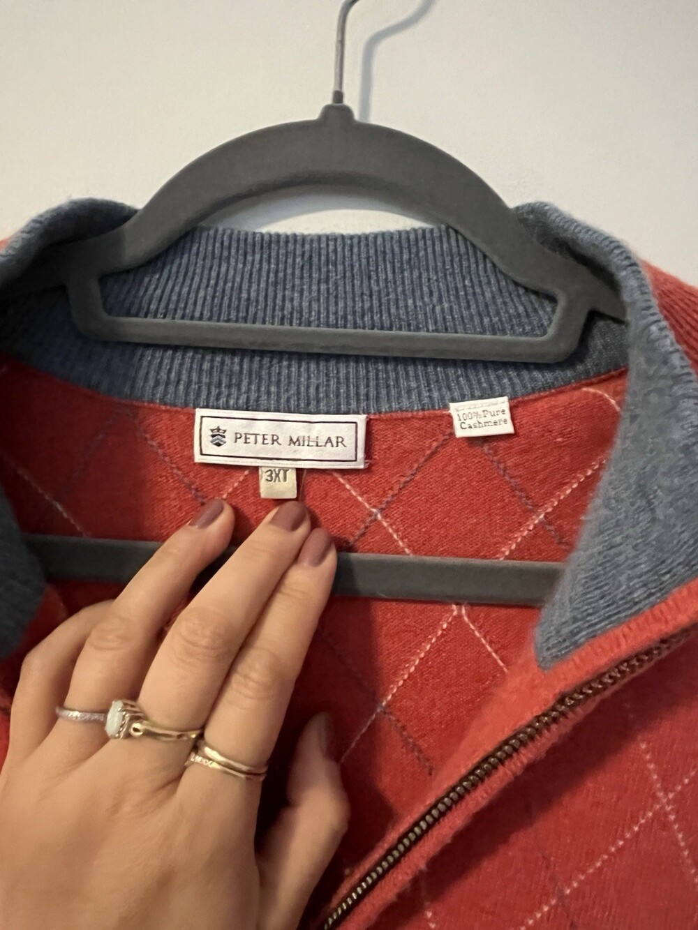 Peter Millar 100% Cashmere Knit 1/4 Zip Mock Neck Argyle Sweater Red Gray 3XT